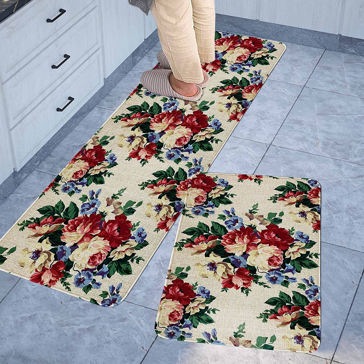 Kitchen Mats for Floor Set of 2 Pieces Kitchen Rugs and Mats Non Skid Washable Kitchen Floor Mat(17" Wx30 L+17" Wx 47" L Red Roses Floral)