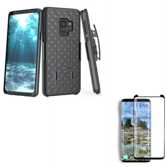 Galaxy S9 Holster Case Belt Clip w Tempered Glass Screen Protector - Swivel Cover Kickstand, 5D Touch Curved Edge Full Cover for Samsung Galaxy S9