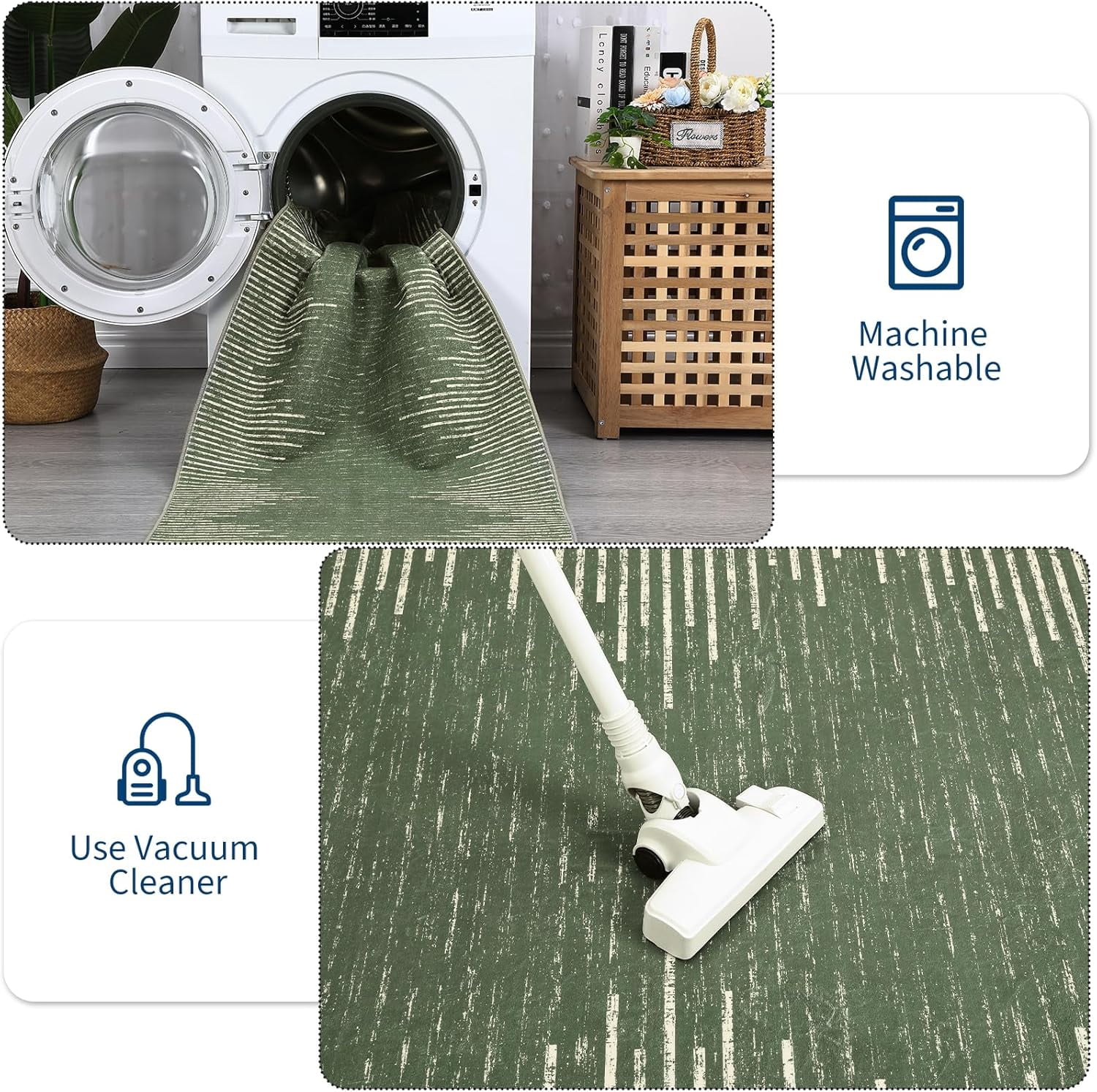 9x12 Washable Area Rug for Living Room Dining Room Distressed Stripes Office Carpet Non Slip Stain Resistant Farmhouse Floor Cover Green Rug