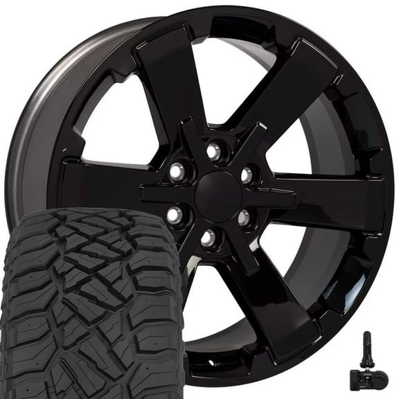 OE Wheels CV41B 22 Inch Rims and Tires Fit Silverado 1500 Rally Style 6x139.7 22x9 Gloss Black - Hollander 5662 - TerraMax RT 285/45-22 (Set of 4)