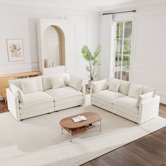 FFZ 2-Piece Chenille Living Room Sofa Set with 2-Seater Couch and Loveseat, White