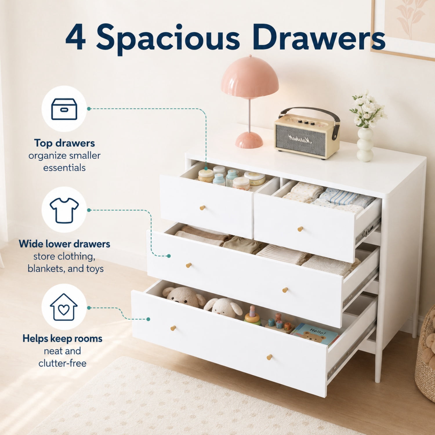 Miniyam 4 Drawer Dresser, White Chest of Drawers for Bedroom, Nursery and Kids Room