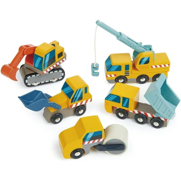 TRAHOO-- Construction Site - Five Heavy Vehicles Set with Crane Truck, Excavator, Road Roller, Dump Truck, and Front Loader - Develops Fine Motor Skills for Kids - Age 3+