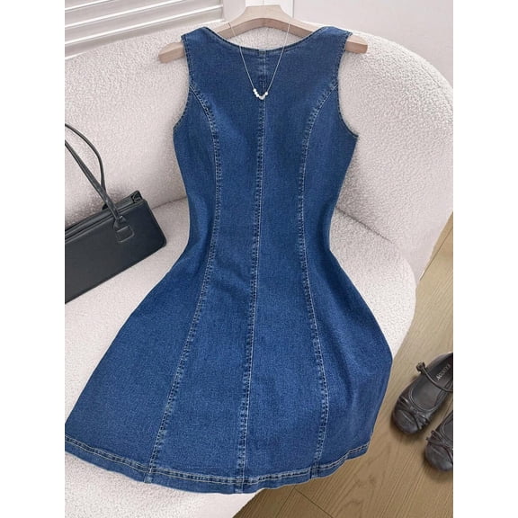 Women's Sleeveless Denim Dress with Round Neck and Backless Tie-Up Design