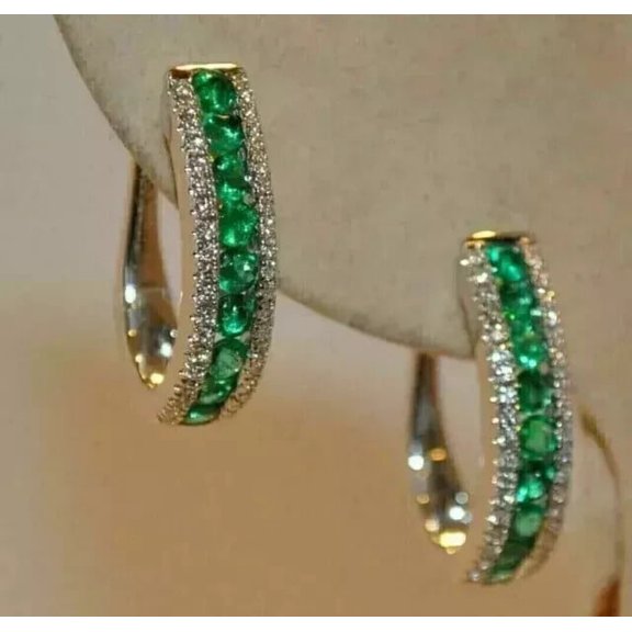 2Ct Round Cut Lab Created Emerald & Diamond Hoop Earrings 14K White Gold Plated
