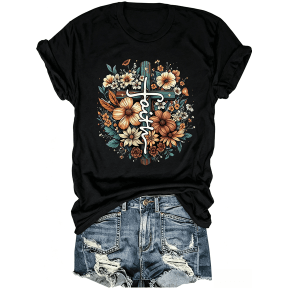 Faith T-Shirt Christian Cross Floral Tee For Women