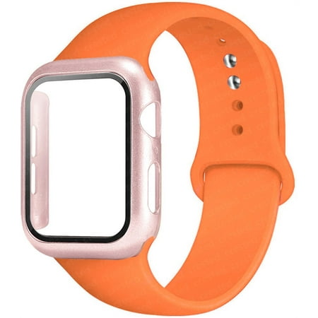 Case+Strap Compatible with Apple Watch Bands 40mm 44mm 38mm 42mm,Silicone Smartwatch Strap Wrist Band and PC Screen Protector Cover iWatch 3 4 5 6 SE Wristbands - Vitamin C