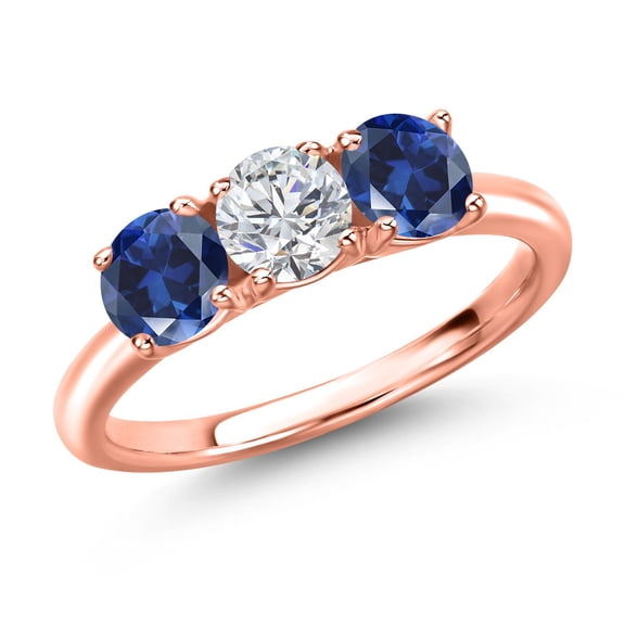 Gem Stone King 18K Rose Gold Plated Silver Lab Grown Diamond and Blue Created Sapphire Engagement Ring for Women | 1.70 Cttw | Round 5MM | Gemstone April Birthstone | Size 7