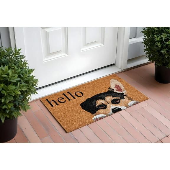 HomeRoots 555279 17 x 29 in. Natural Black & Brown Coir Welch Corgi Hello Outdoor Door Mat