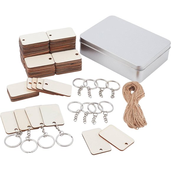100pcs Unfinished Wood Slice 2x1.3" Rectangle Wood Blanks with 100pcs Slipt Key Rings and 10m/10.93 Yards Hemp Rope for DIY Keychain Christmas Ornaments Name Tag Wedding Favor Gift