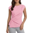 thumbnail image 6 of Qulqfy Short Sleeve Women Blouses Solid Slim Crew Neck Casual Tunic Trendy Spring Summer Pleat Women Tops Pink L, 6 of 6