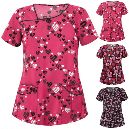 

New Year New You! Snorda Womens Nursing Scrub Tops Valentine s Day Love Heart Printed Working Uniform Short Sleeve V-Neck Workwear Blouse T-shirt with Pockets