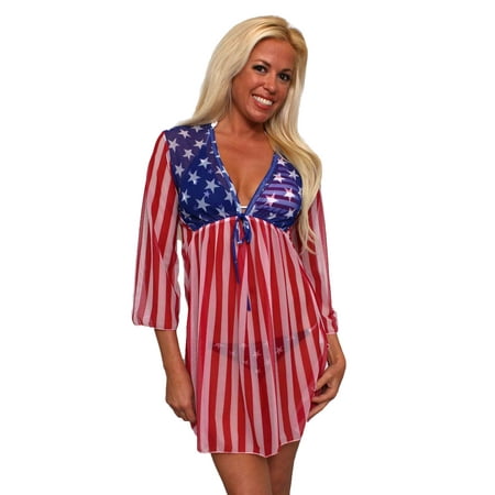 Gorgeous USA Flag Long Sleeve Cover-up Beach Dress Stars and Stripes Swimwear