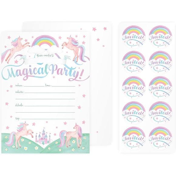 Rileys & Co. Party Invitation Cards with Envelopes and Bonus Stickers, Party Invitation Cards for Boys and Girls with Cute Graphics 7x5 Inches - 50 Pack (Unicorn)