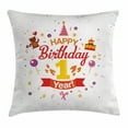 thumbnail image 1 of 1st Birthday Decorations Throw Pillow Cushion Cover, Birthday Party with Cones Teddy Bear Candies and Cake, Decorative Square Accent Pillow Case, 24 X 24 Inches, Red Marigold and Purple, by Ambesonne, 1 of 2