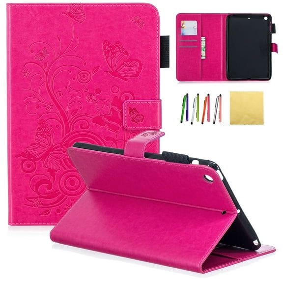 iPad Mini Case, iPad Mini 2/ Mini 3 Case, Allytech Emboss Butterfly PU Leather Cover Folio Flip Case Stand with Credit Card Slots for iPad Mini 1/ Mini 2/ Mini 3, Rose