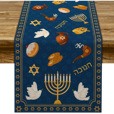 

Hanukkah Linen Table Runner Holiday Party Decor Jewish Chanukah Menorah Dreidel Star of David Dining Table Runners Kitchen Decor