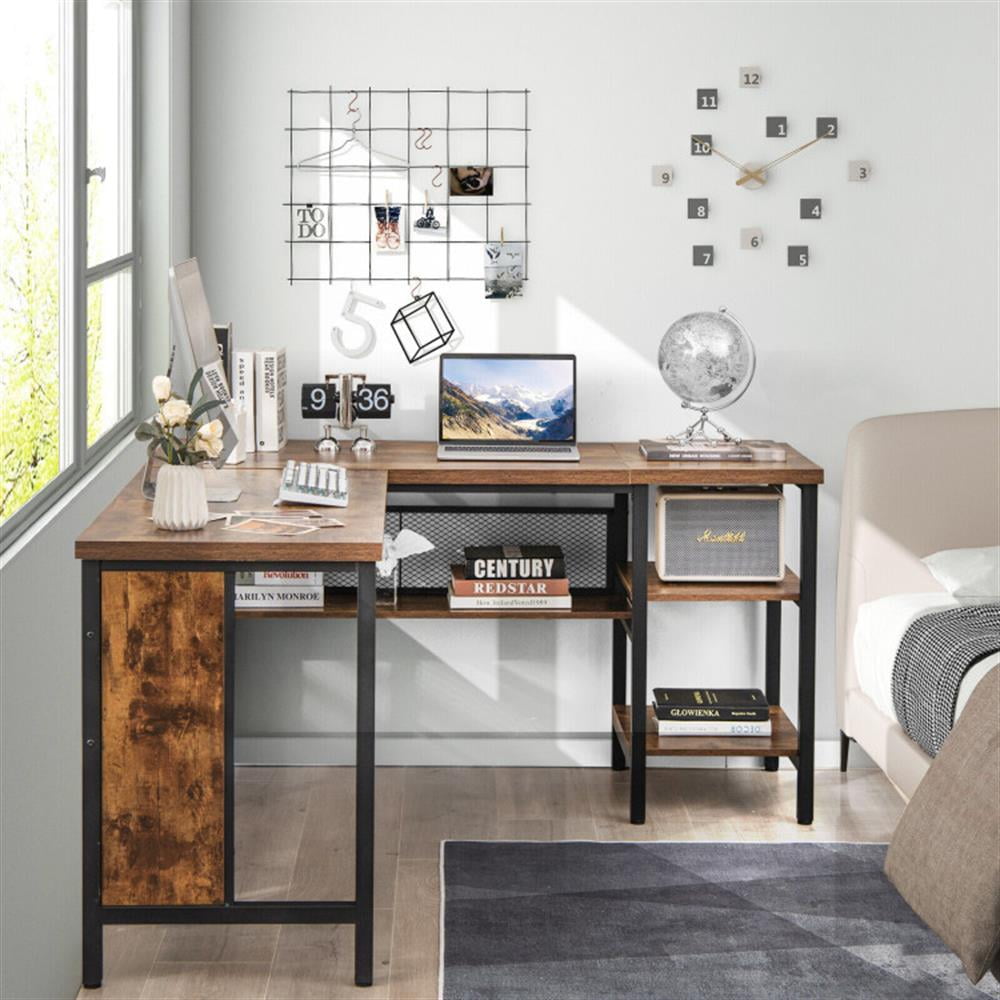 Demi Bonn Industrial L-Shaped Corner Computer Desk Office Workstation with Storage Shelves, Small Home Office Desk Study Writing Table, Brown
