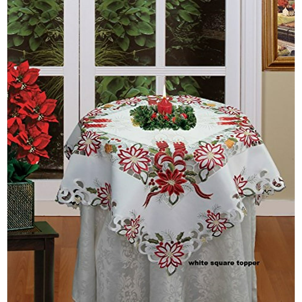 holiday christmas embroidered poinsettia candle tablecloth 34" square