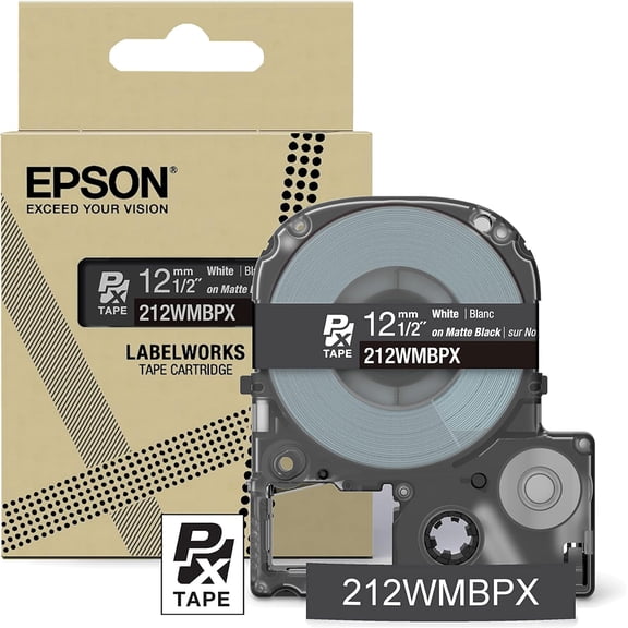 Epson LABELWORKS 212WMBPX - White on Black Matte PET Label Maker Tape - 1/2" (12MM) Wide, 26'