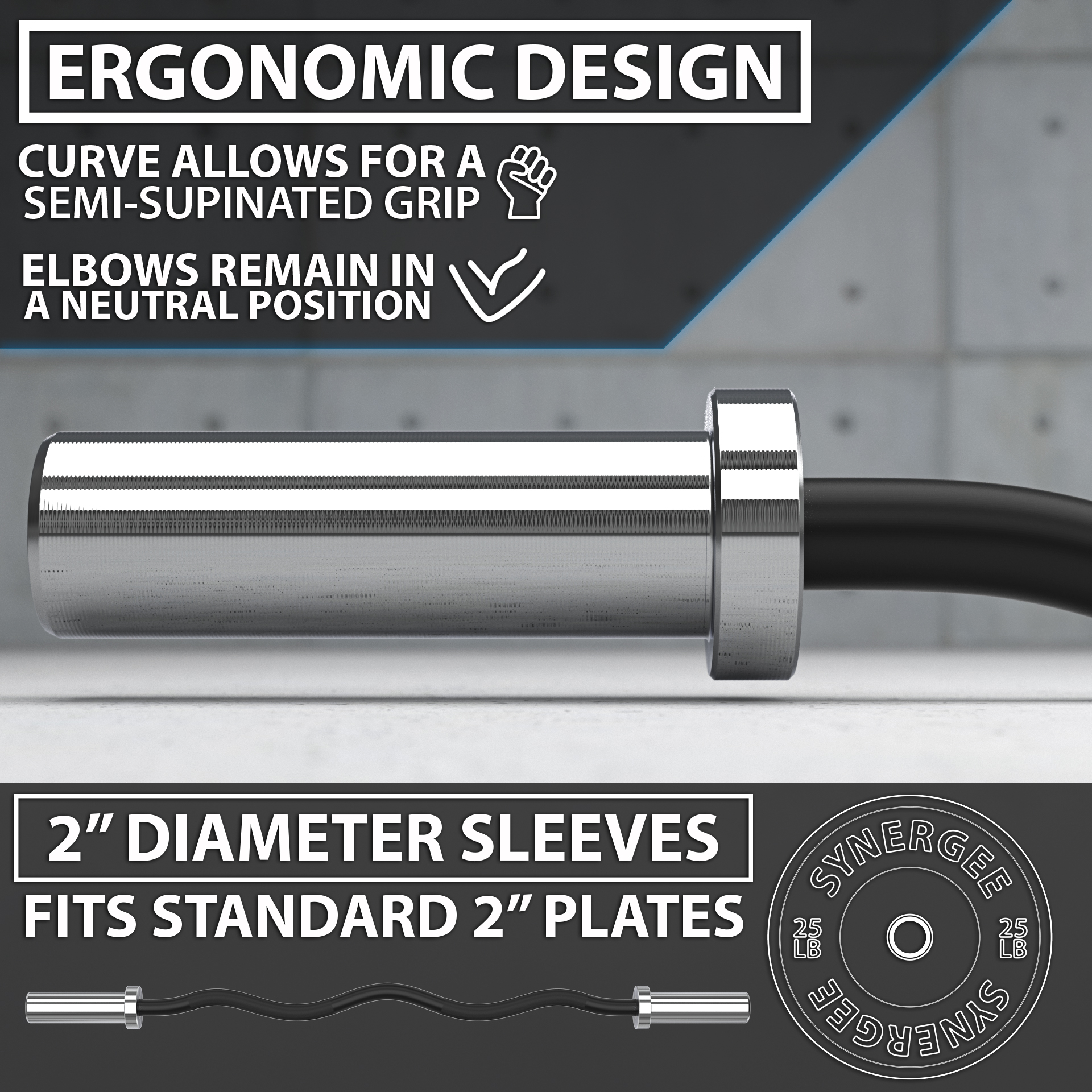 Synergee Commercial EZ Curl Olympic Bar Chrome Sleeves and Black Phosphate Shaft