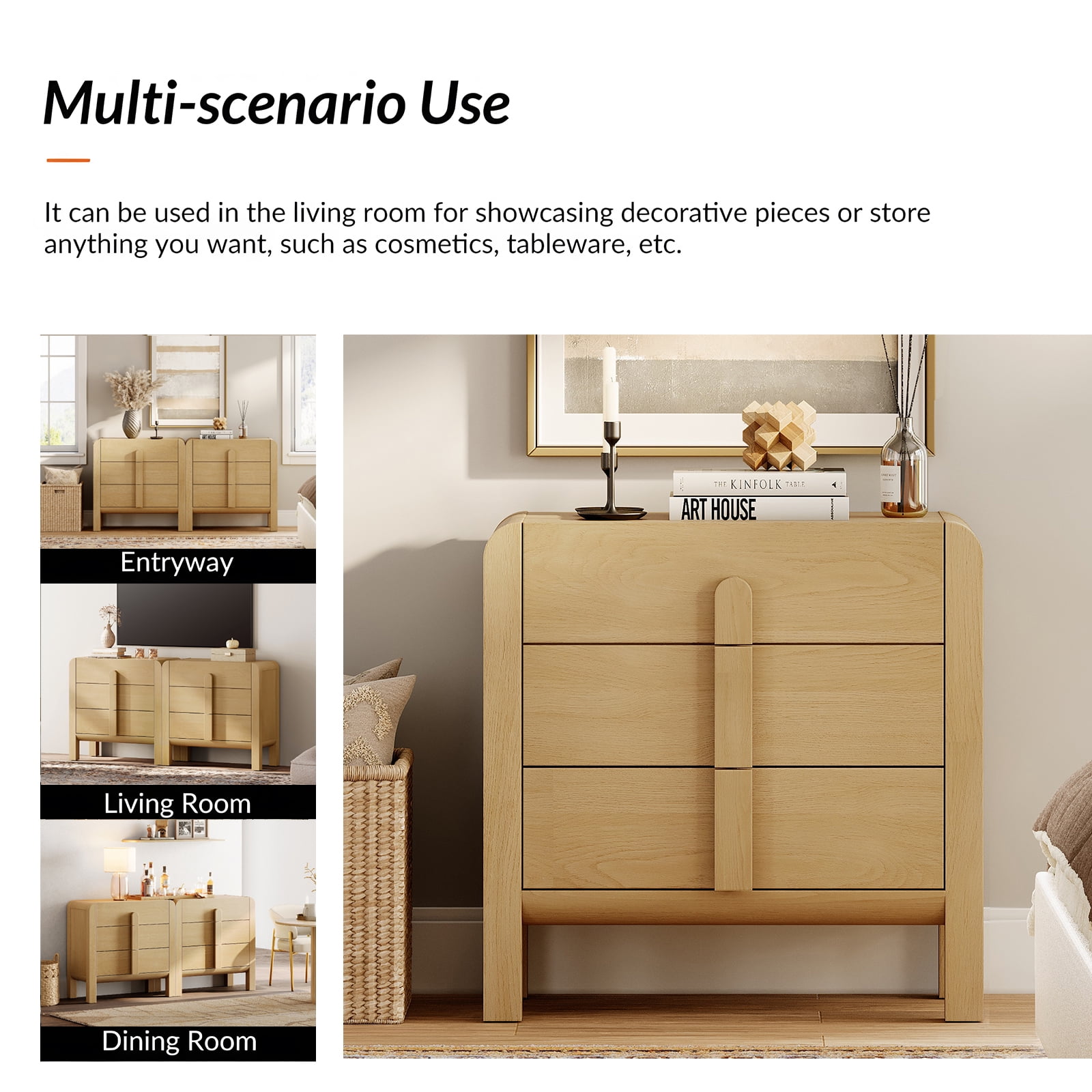 3 Drawer Curved Dresser for Bedroom Set of 2, Mid Century Modern Chest of Drawers, Wood Storage Dresser Organizer for Bedroom Living Room Hallway Closet