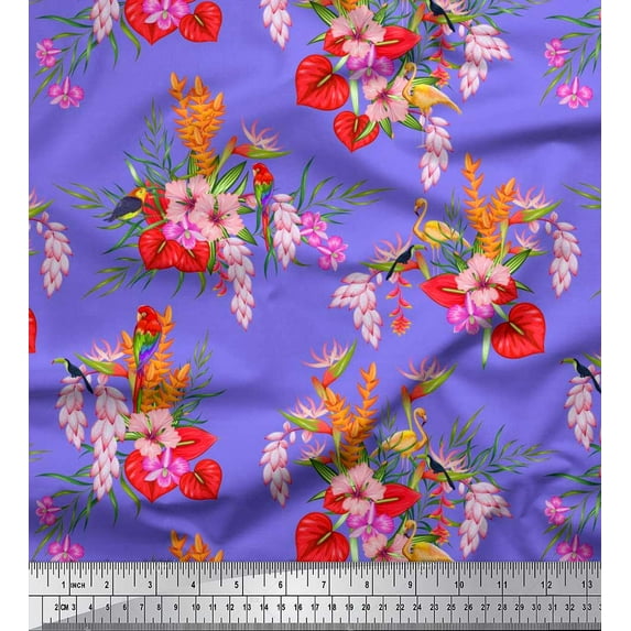 Soimoi Moss Georgette Fabric Floral,Flamingo & Macaw Parrot Bird Printed Fabric 1 Yard 42 Inch Wide