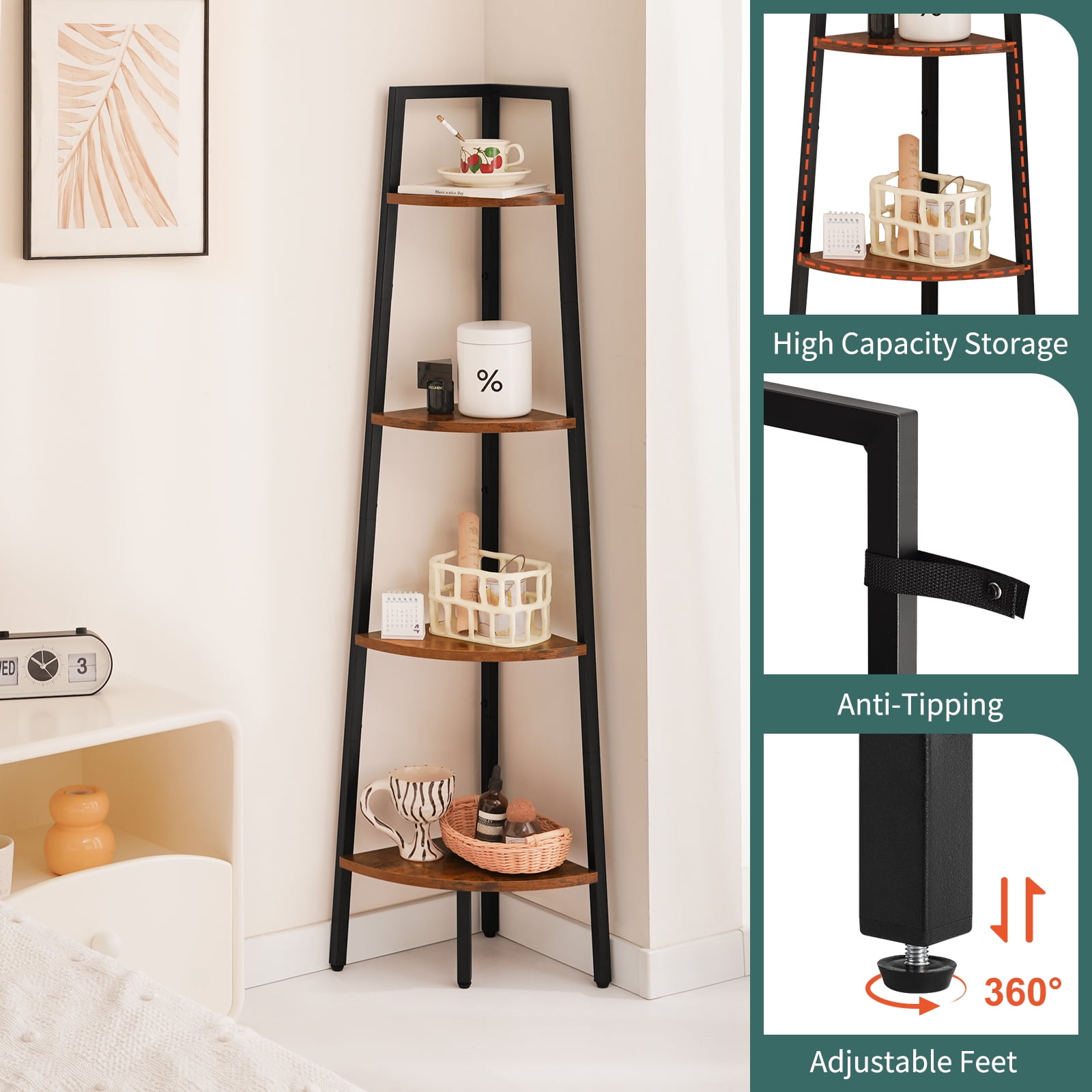 Yoobure 4-Tier Corner Bookshelf with Metal Frame,Ladder Display Shelf for Bedroom and Living Room, Tall Wood Corner Bookcase and Plant Stand