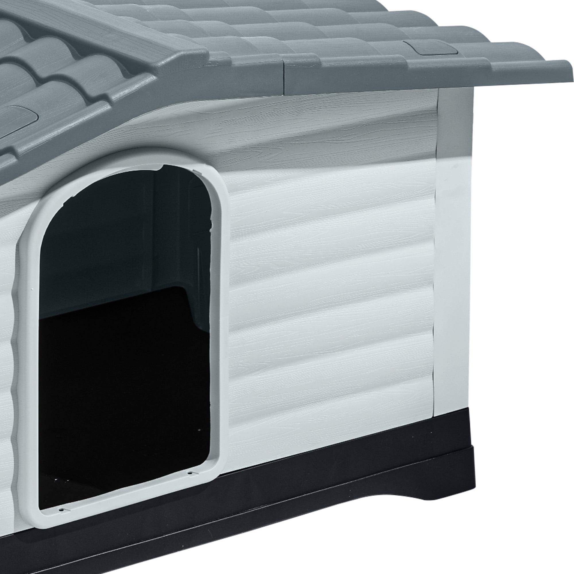 Uforic 36" Waterproof Plastic Dog House with Porch & Cushion, Outdoor Indoor Double Door Doghouse,Gray,36''Lx 27.1''Wx 26"H