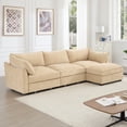 thumbnail image 4 of Newest L-shaped 3-seater modular sofa,,1 movable footstool, crescent-shaped armrests,,wraparound back,arm cushions, chenille fabric, wheat colour., 4 of 20
