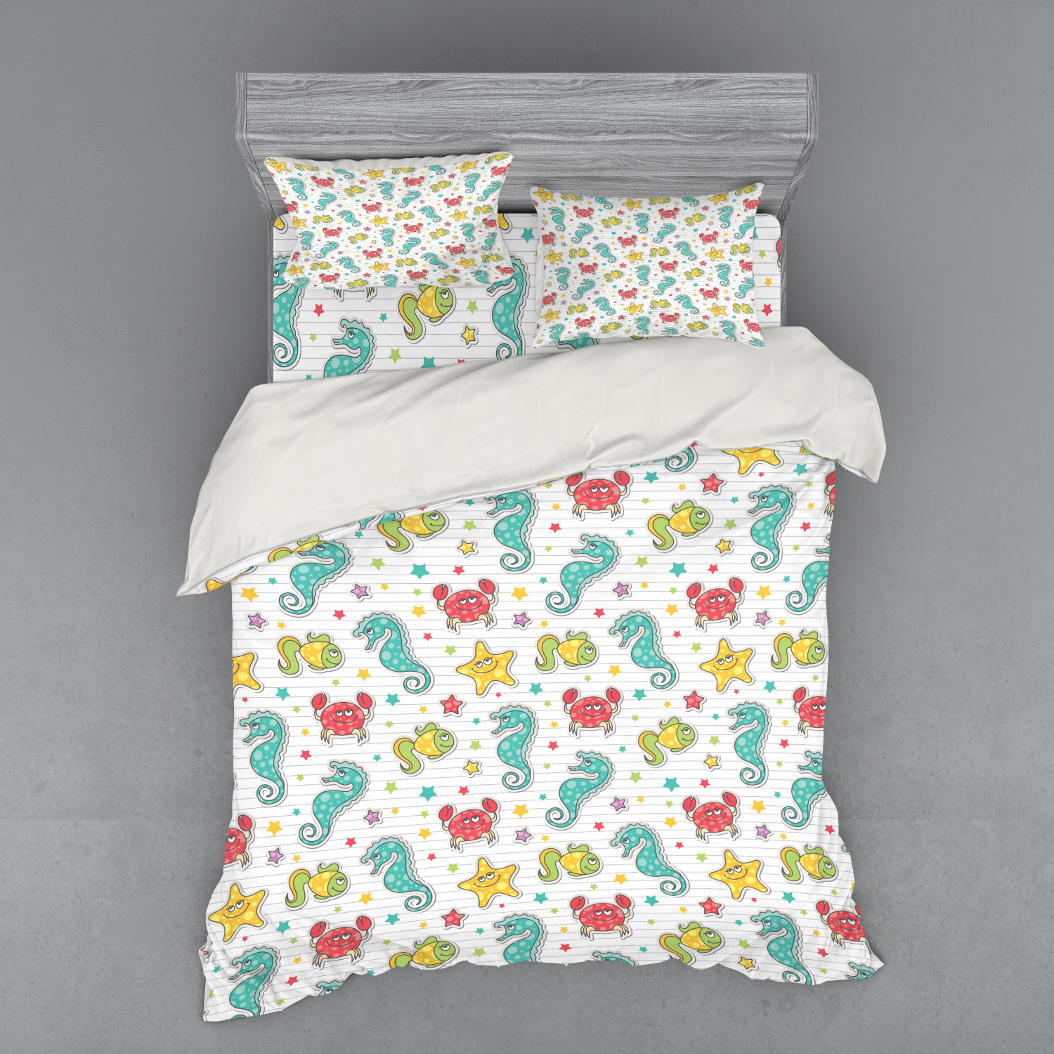 Nursery Duvet Cover Set, Cartoon Sea Creatures with Seahorse Crabs Fish