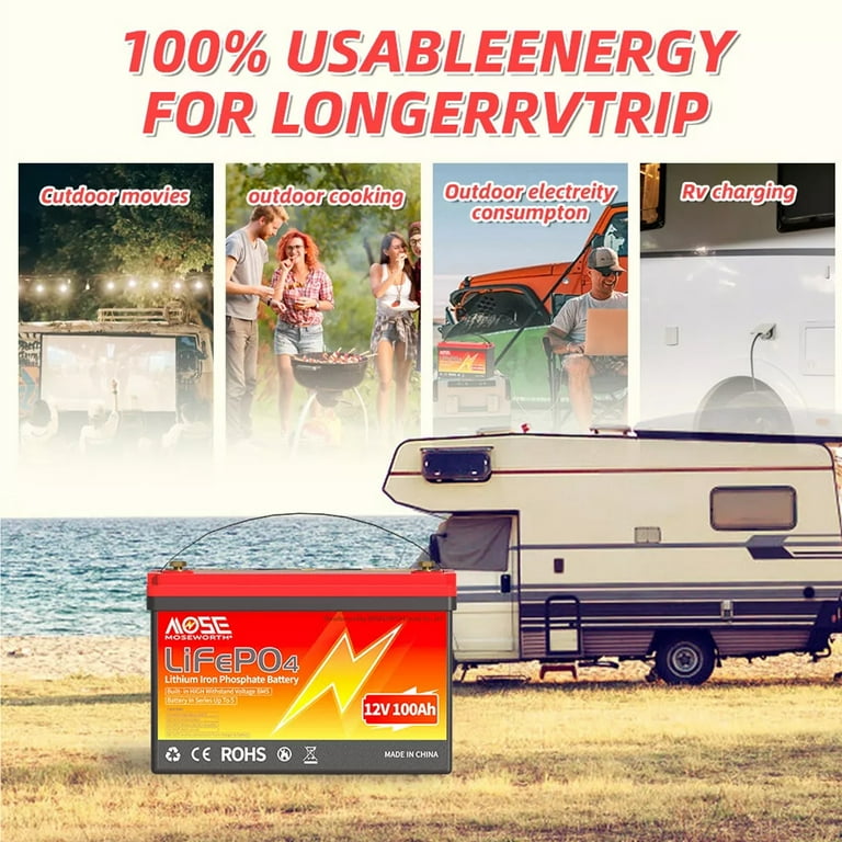 MOSEWORTH 12V 100Ah LiFePO4 Battery, Deep Cycle Lithium Backup