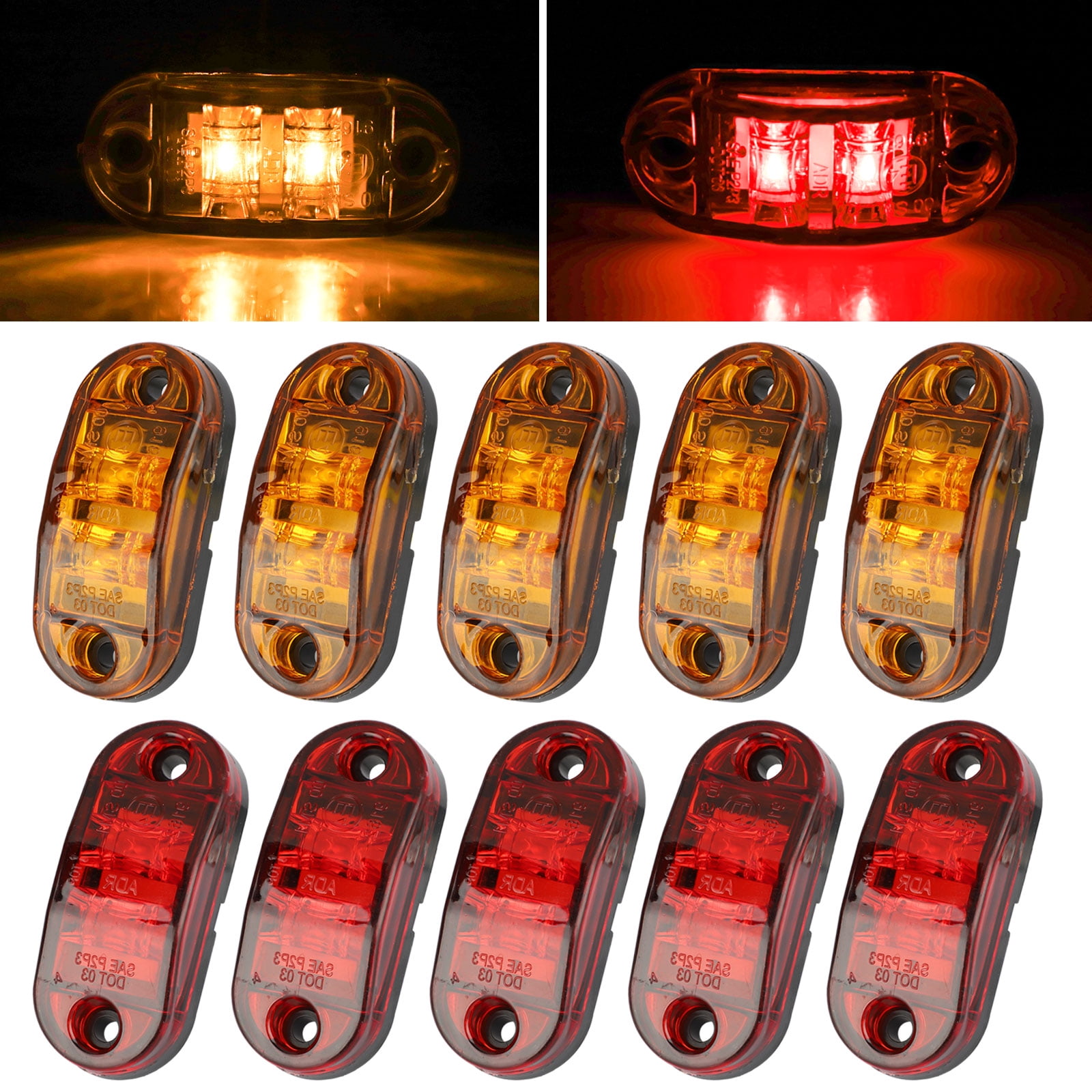 10x Red/Amber RV Light 6LED Clearance Trailer 4" x 2" Side Marker Waterproof 12V 
