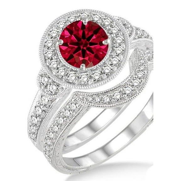 1.5 Carat Ruby & Diamond Antique Halo Bridal Set Engagement Ring on 10k White Gold