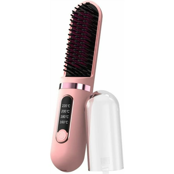 Cordless Hair Straightening Brush-199 Million Negative Ions, 20S Fast Heat Up,3 Temperature Settings,4000mAh USB-C Rechargeable,Compact & Travel-Friendly with LED Display, Pink