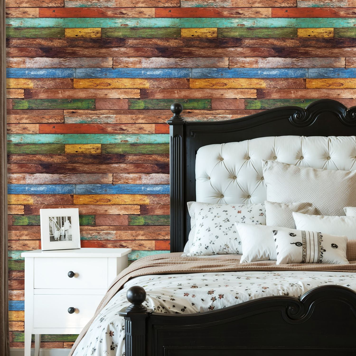 Peel and Stick Wallpaper Rustic Multicolor Wooden Plank Wall Distressed Paint Wall Mural 23.6in x 9.8ft Self Adhesive Removable Wall Paper Renter Friendly Wallpaper for Nursery Bedroom Cabinets