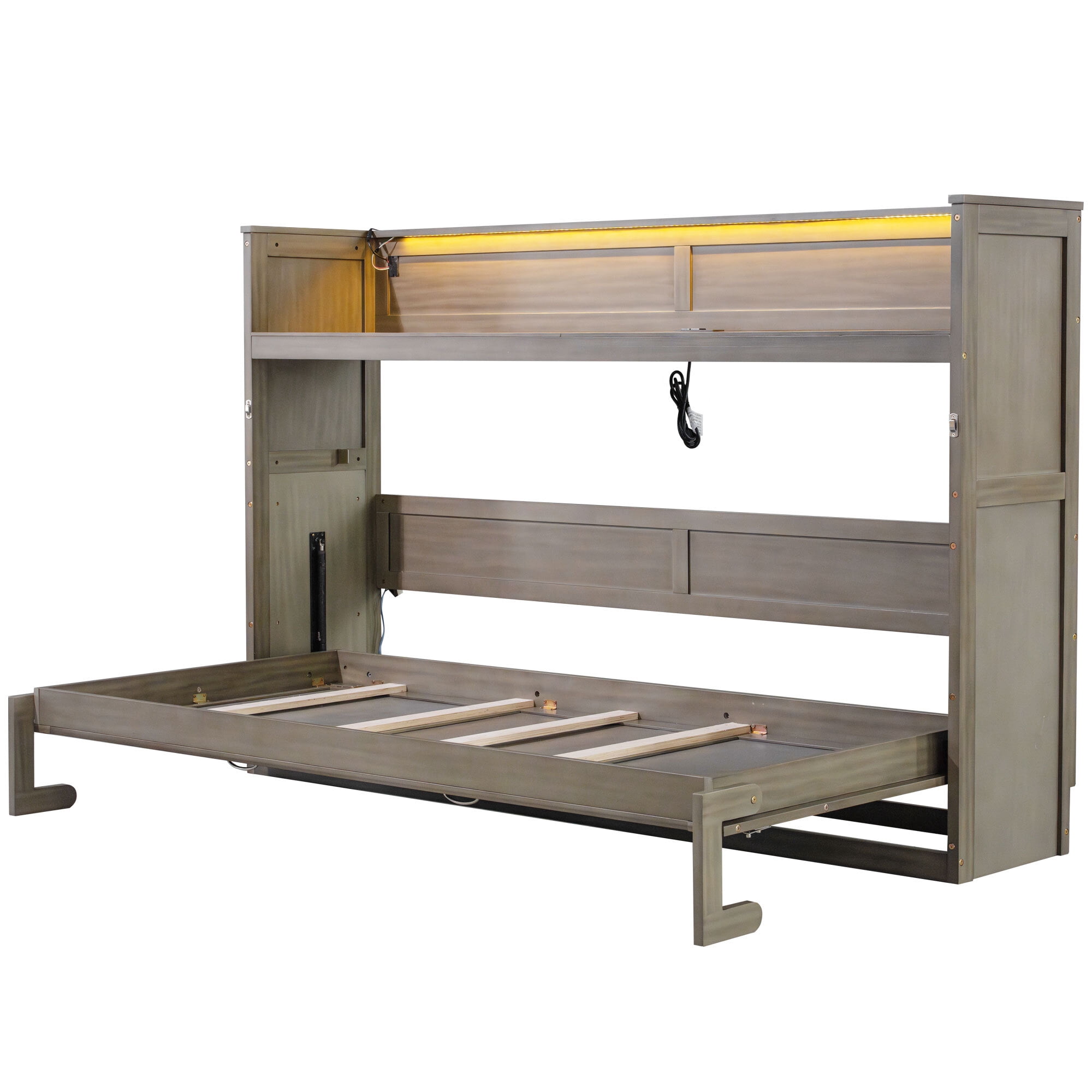 Euroco Wood Twin XL Murphy Bed with Desk and LED Light, Storage Wall Bed with USB Charging Station