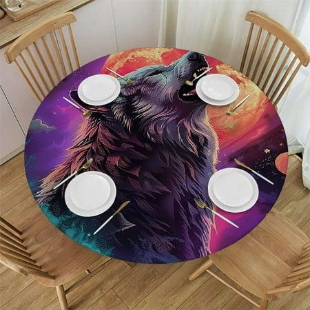 

Orinice Wolf Full Moon Clouds Round Table Cover Stain Resistant Washable Indoor Outdoor Tablecloth Kitchen Dining Wedding Parties Table Cloth 100% Polyester Fiber 38-42