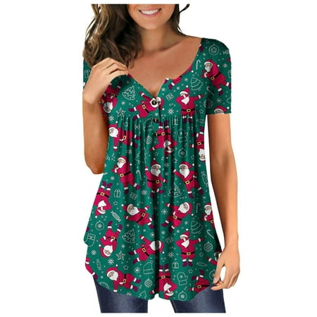 

Workout Tops for Women Flannel Shirts for Women Woman Fashion Short Sleeve V Neck Button Christmas Printing Casual Blouse T-Shirt Tops Shirt Cute Tops for Women Tops for Women Arrival Green S