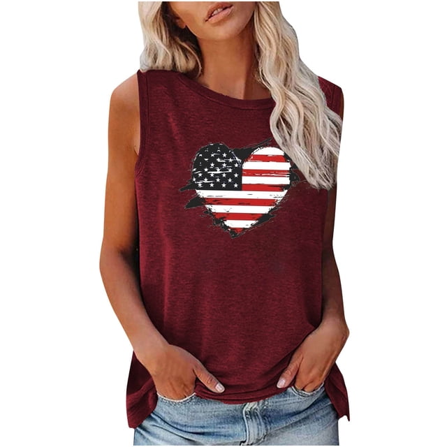 EQWLJWE Débardeurs pour Femmes Débardeurs Femmes Mode Tendance Confortable Jour de l'Indépendance Décontracté Col Rond Imprimé Blouse