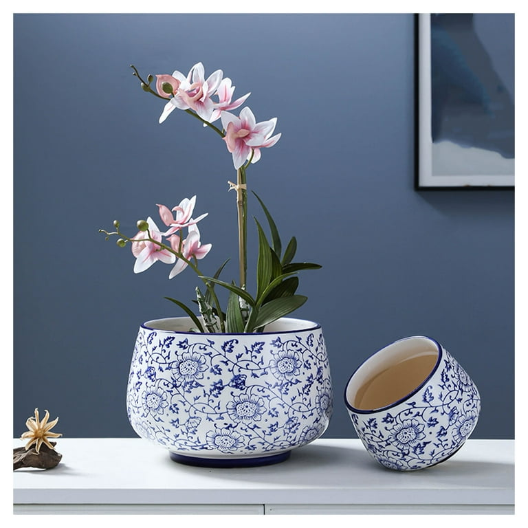 Blue and white porcelain ceramic plant pots, round garden flower pot  decorative Chinese design bowl, with drainage hole garden pots for office  garden ...