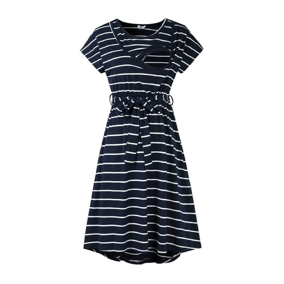 Ketyyh-chn99 Maternity Dresses Womens Maternity Summer Short Sleeve Striped Print Nursing Dress For Breastfeeding With Belt Navy,M
