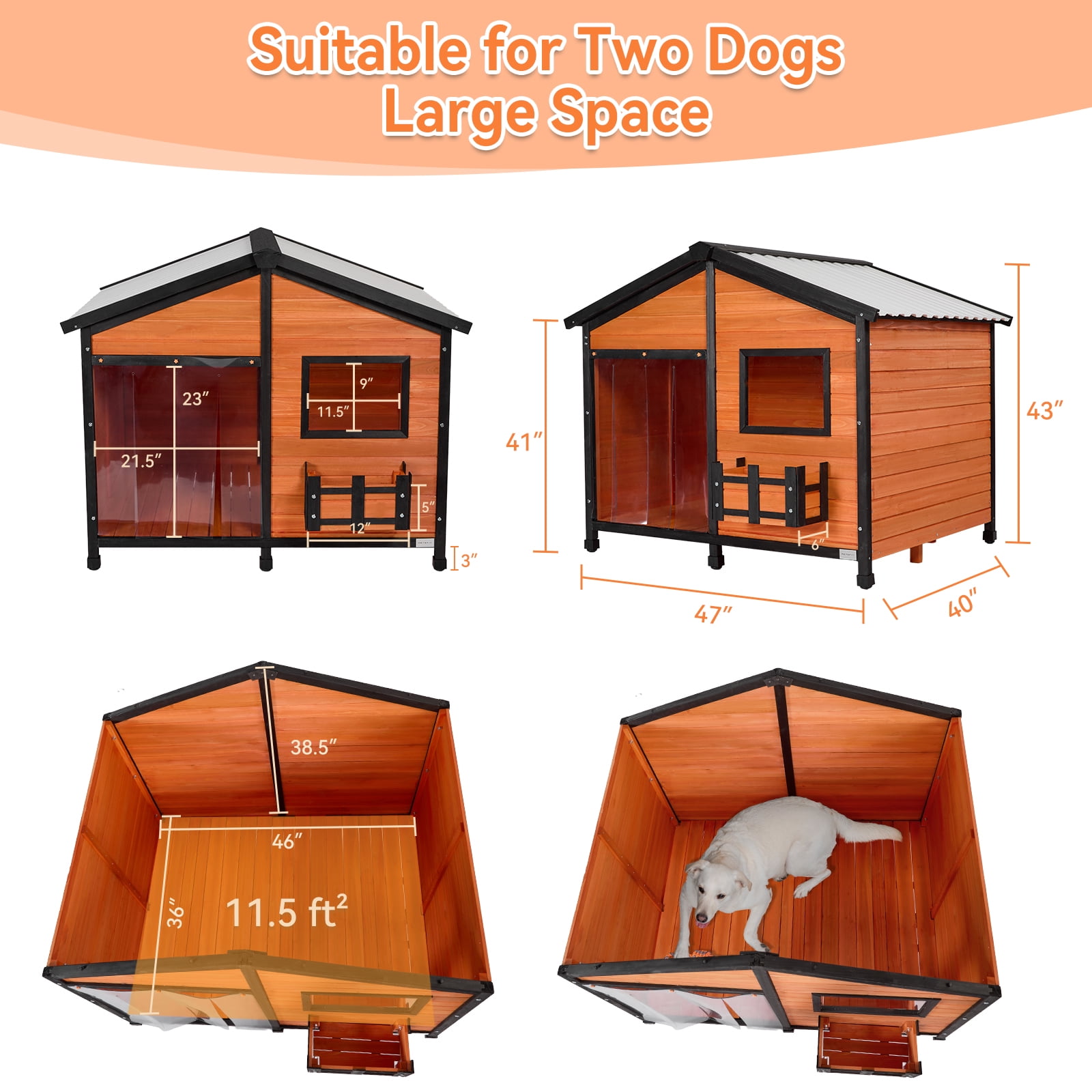 Petsfit Outdoor Dog House with Waterproof PVC Roof Removable Floor, Extra Large Wooden Dog House for 2 Medium Dogs, XXL Dog Houses with Window, Orange 47"