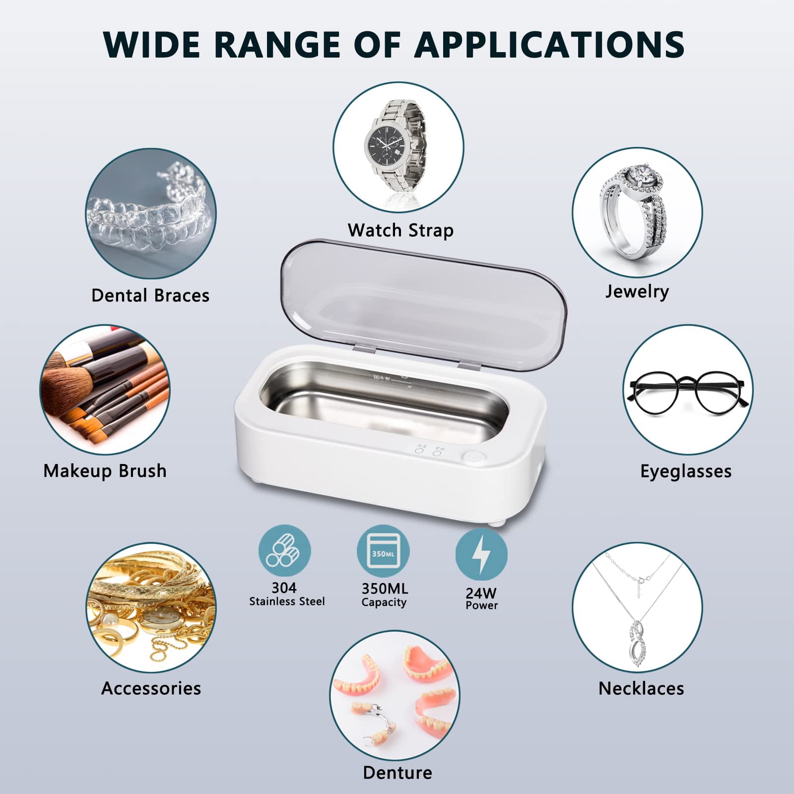 Ultrasonic Jewelry Cleaner Machine - 47Khz Silver Cleaner, Ultrasonic Cleaner Machine for Eye Glasses, Ring, Earring, Necklaces, Watch Strap, Makeup Brush, 304 Stainless Steel Tank with 12OZ