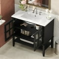 thumbnail image 4 of 36" Bathroom Vanity with Ceramic Sink, Bathroom Vanity with Adjustable Shelf and Open Shelf, with Solid Wood Legs, Waterproof Painted Finish, Silver Metal Knobs and Soft Close Hinges Design, Black, 4 of 9