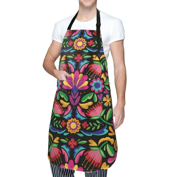 Kdxio Colorful Floral Embroidery Mexican Apron with Pockets Adjustable Kitchen Aprons for Men Women Waterproof Aprons for Cooking,Drawing,Crafting, Baking Household Cleaning