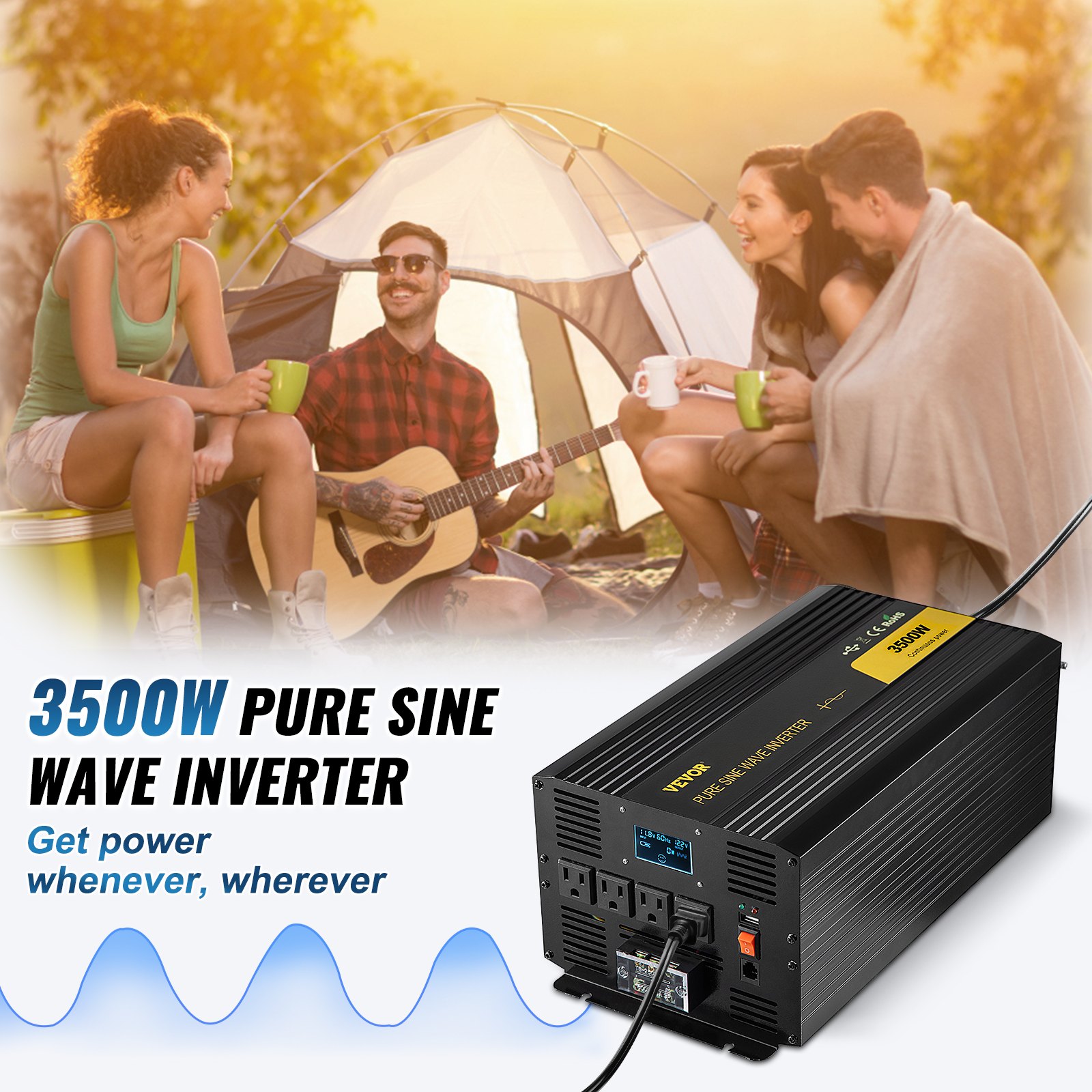 VEVOR 3500W Pure Sine Wave Inverter, 12V DC to 120V AC Power Converter, USB, LCD, Remote Control, GFCI Outlets for RV, Truck, Solar, and Camping
