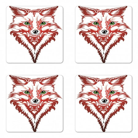 

Fox Coaster Set of 4 Patterned Portrait of Fox Sharp Green Eyes Wavy Curvy Design Square Hardboard Gloss Coasters Standard Size Dark Coral Green White by Ambesonne