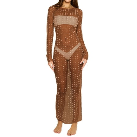 Sunwanar Women s Sheer Mesh Beach Bikini Cover-Up Dress with Pearls  Lightweight  Coffee  Size L