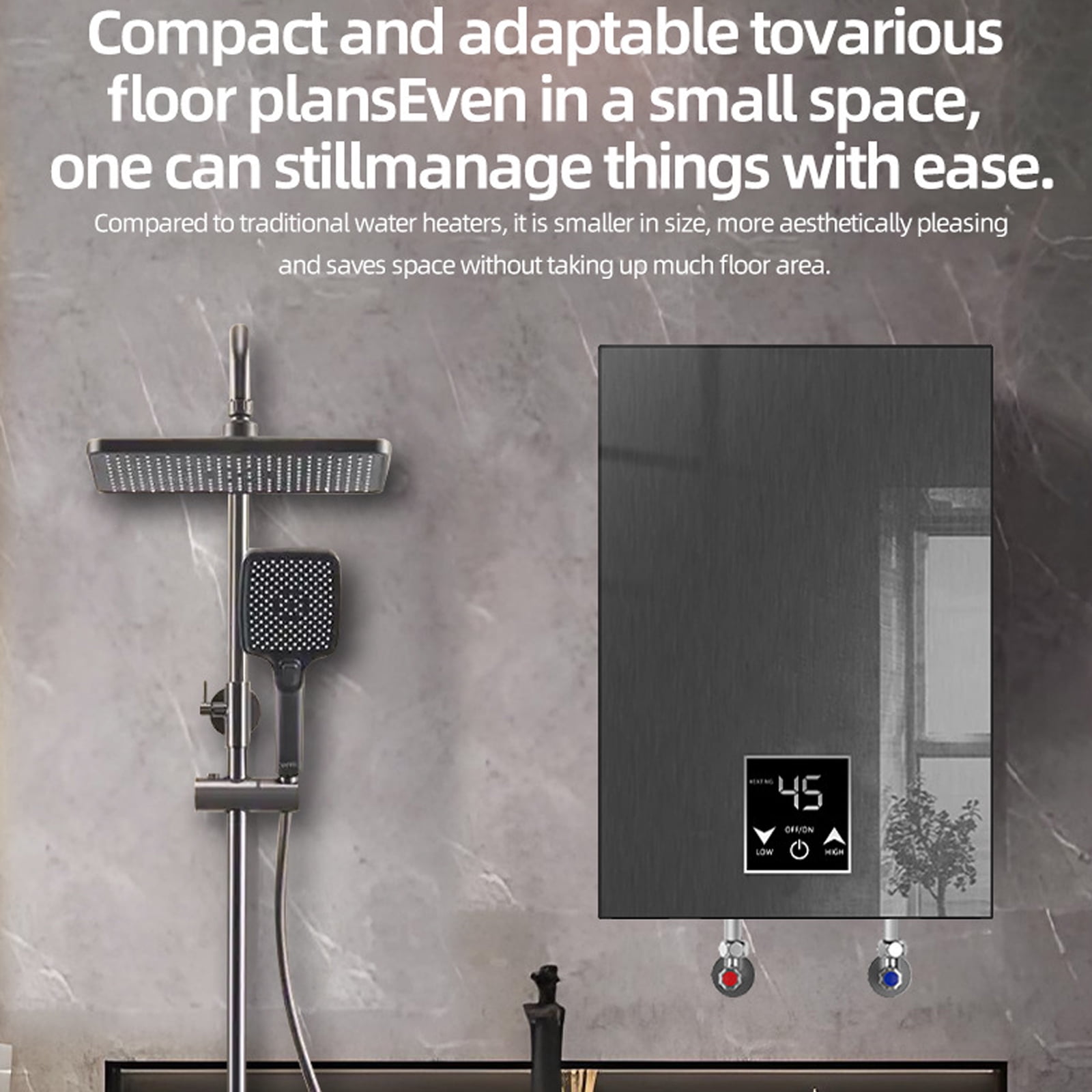 Electric Tankless Water Heater, 3500W Instant Hot Water Heater with Handheld Shower Head  Set, Portable Mini Water Heaters with Digital Display Adjustable Temperature for Bathroom Kitchen, Grey